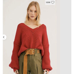 Free People All Day Long V Knit Sweater Fuego Rosa Red Size Small boho chic cozy